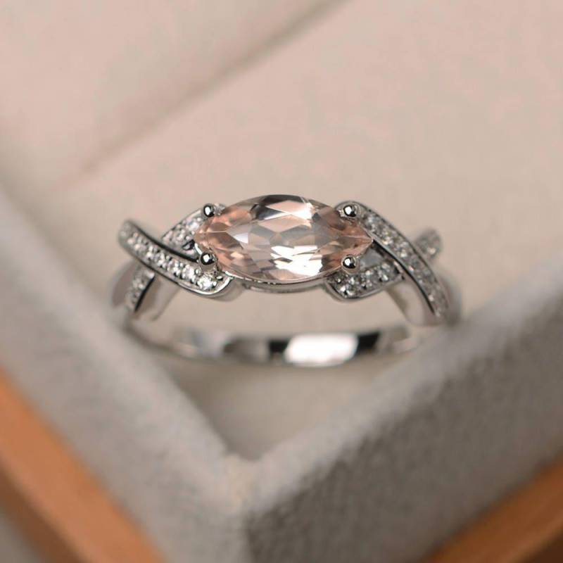 Natürlicher Rosa Morganit Ring, Ehering, Natürlicher Edelstein Im Marquiseschliff, Sterling Silber Ring von LuoJewelry