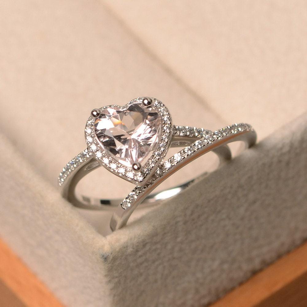 Natürlicher Rosa Morganit Ring, Halo Ring Im Herzschliff, 2 Ringe in Sterling Silber, Verlobungsring Für Frauen von LuoJewelry