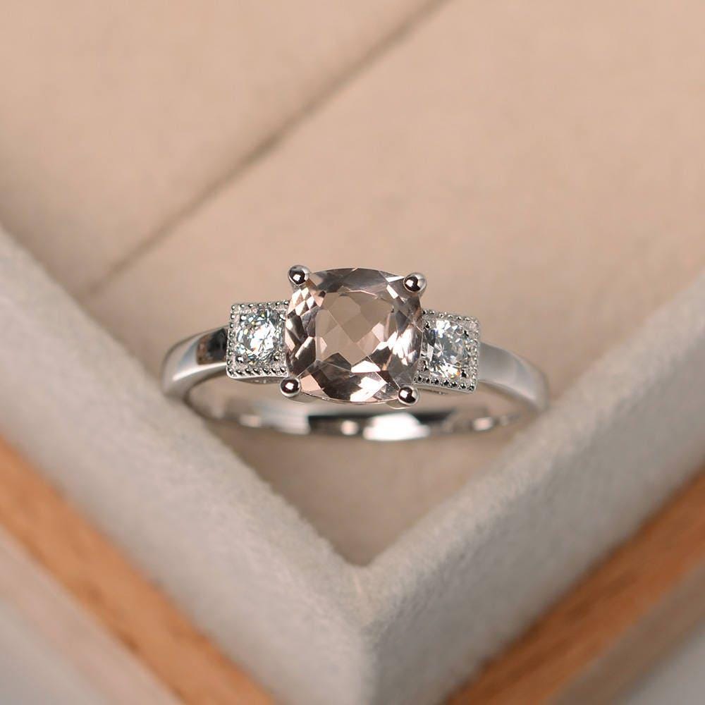 Natürlicher Rosa Morganit Ring, Versprechen Kissenschliff, Echter Edelstein Sterling Silber Ring von LuoJewelry