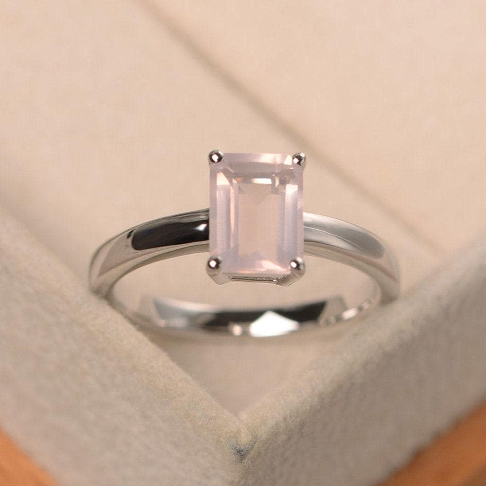 Natürlicher Rosa Quarzring, Solitärring Aus Silber, Smaragdschliffring, Goldring Für Die Verlobung von LuoJewelry