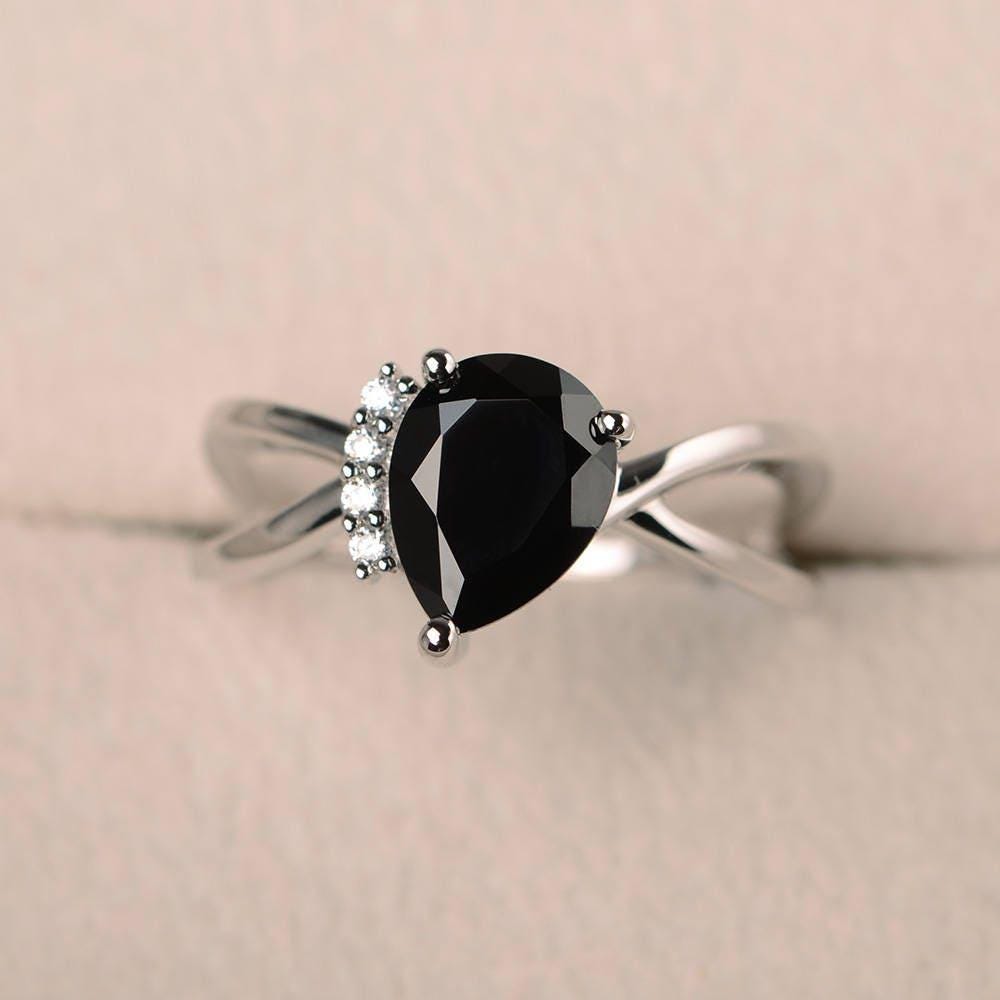 Natürlicher Schwarzer Spinellring, Versprechungsring, Tropfenring, Edelstein, Massiver Sterlingsilberring von LuoJewelry
