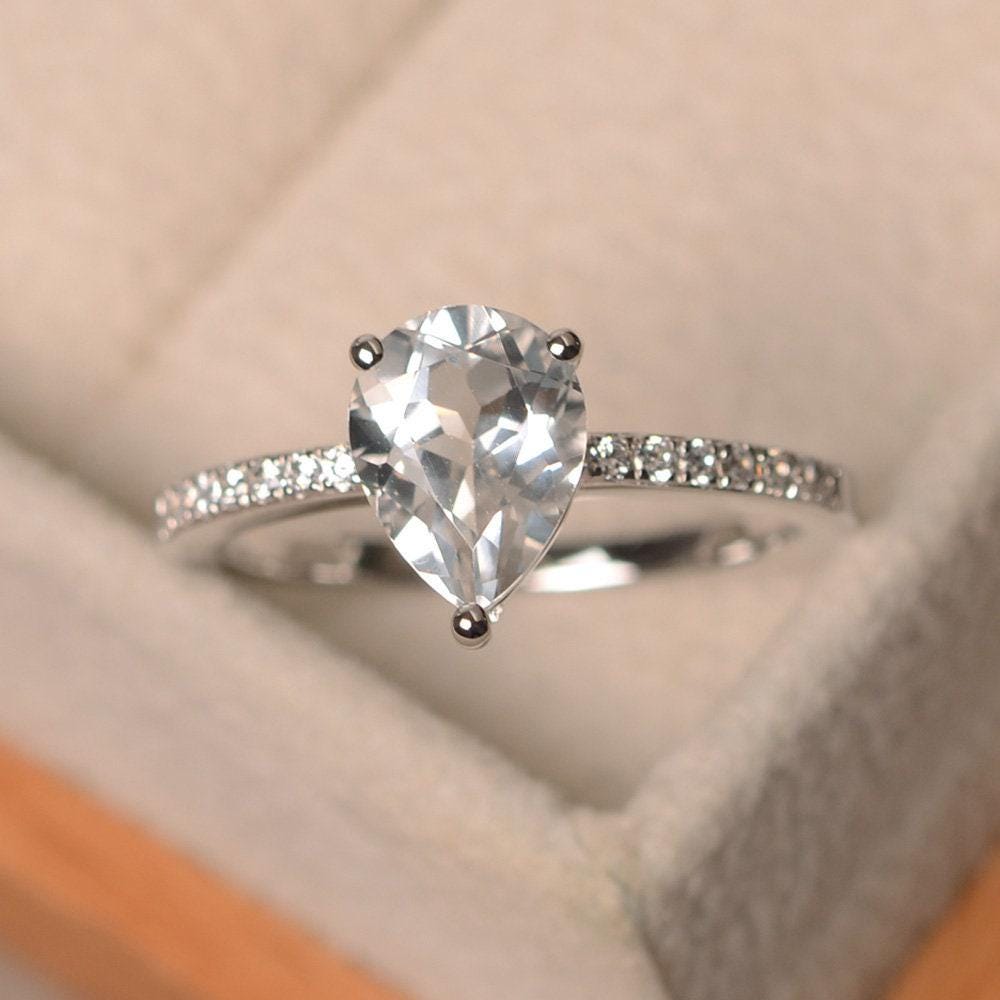 Natürlicher Weißer Topas Ring, Farbloser Edelstein Im Birnenschliff, Sterling Silber, Verlobungsring Für Frauen von LuoJewelry