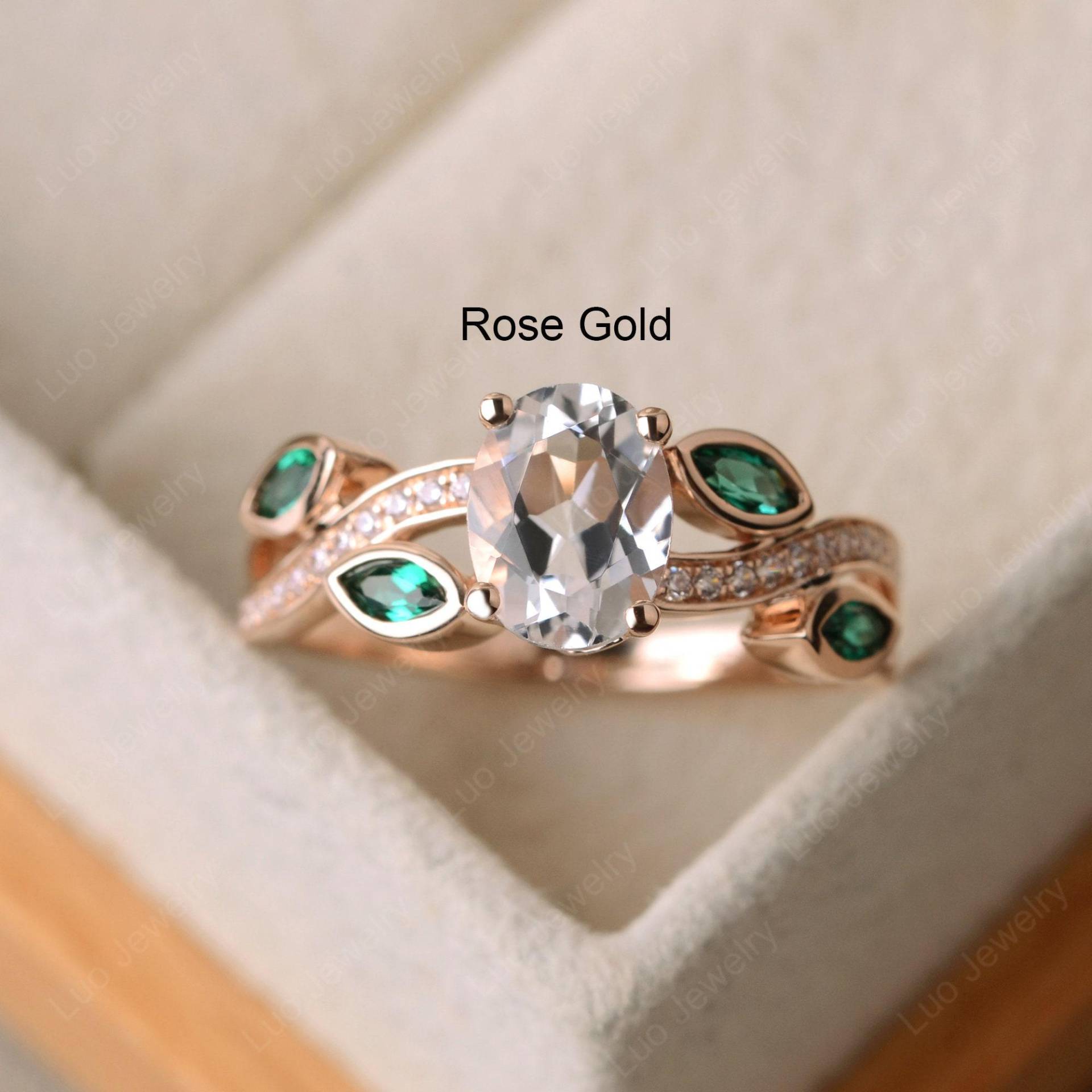 Natürlicher Weißer Topasring, 14K Roségold-Verlobungsring, Blattring, November Geburtssteinring von LuoJewelry