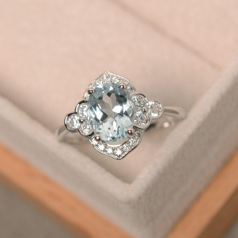 Oval Geschliffener Ring, Aquamarin Sterling Silber, Verlobungsring, Ehering von LuoJewelry