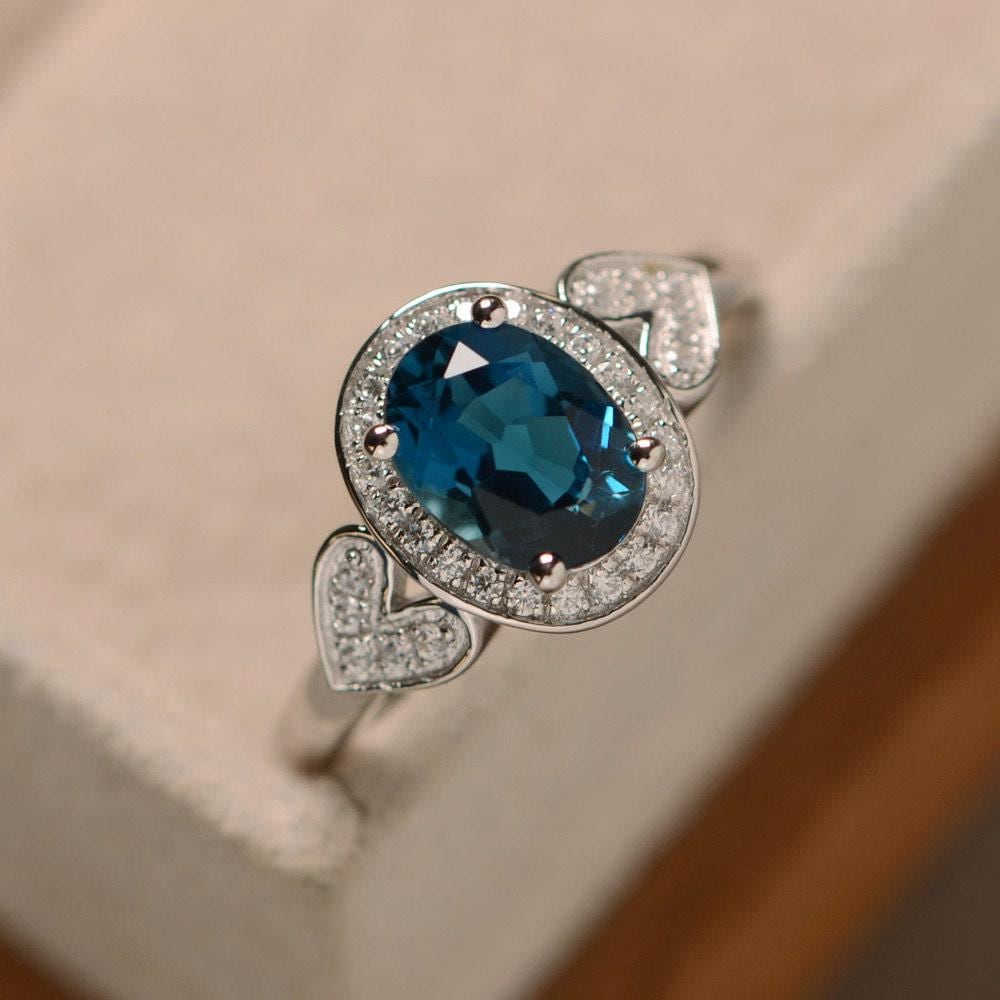 Oval London Blue Topas Verlobungsring, Sterling Silber Halo Ring Mit Doppel Herz, November Geburtsstein von LuoJewelry