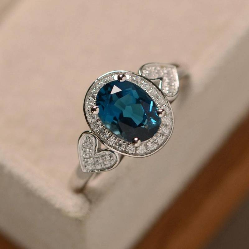 Oval London Blue Topas Verlobungsring, Sterling Silber Halo Ring Mit Doppel Herz, November Geburtsstein von LuoJewelry