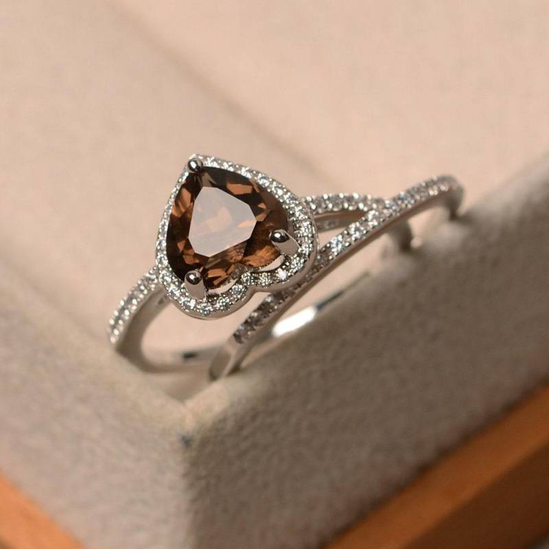 Rauchquarz Ring, Herz Geschnitten Brauner Edelstein, Halo Sterling Silber Braut Ring von LuoJewelry