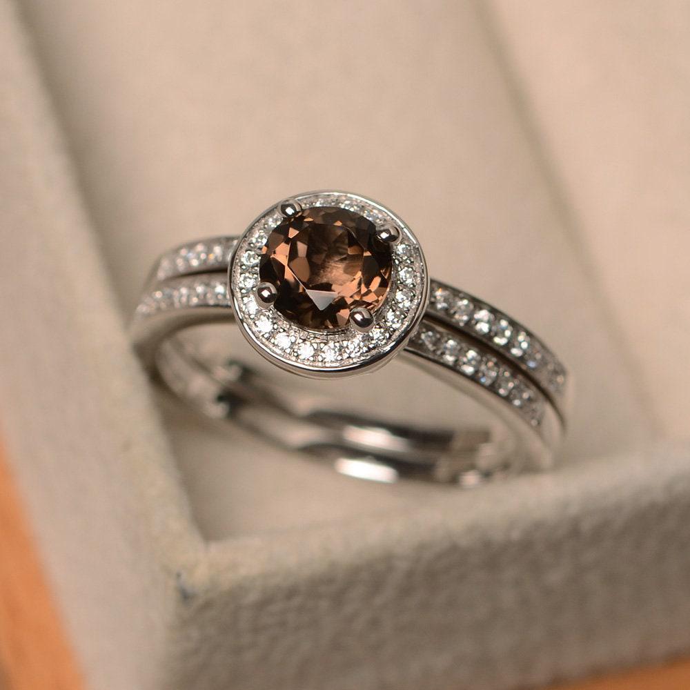 Rauchquarzring Silber, Brauner Edelsteinring, Silberring Für Den Verlobungsring, Ring Männer Rund von LuoJewelry