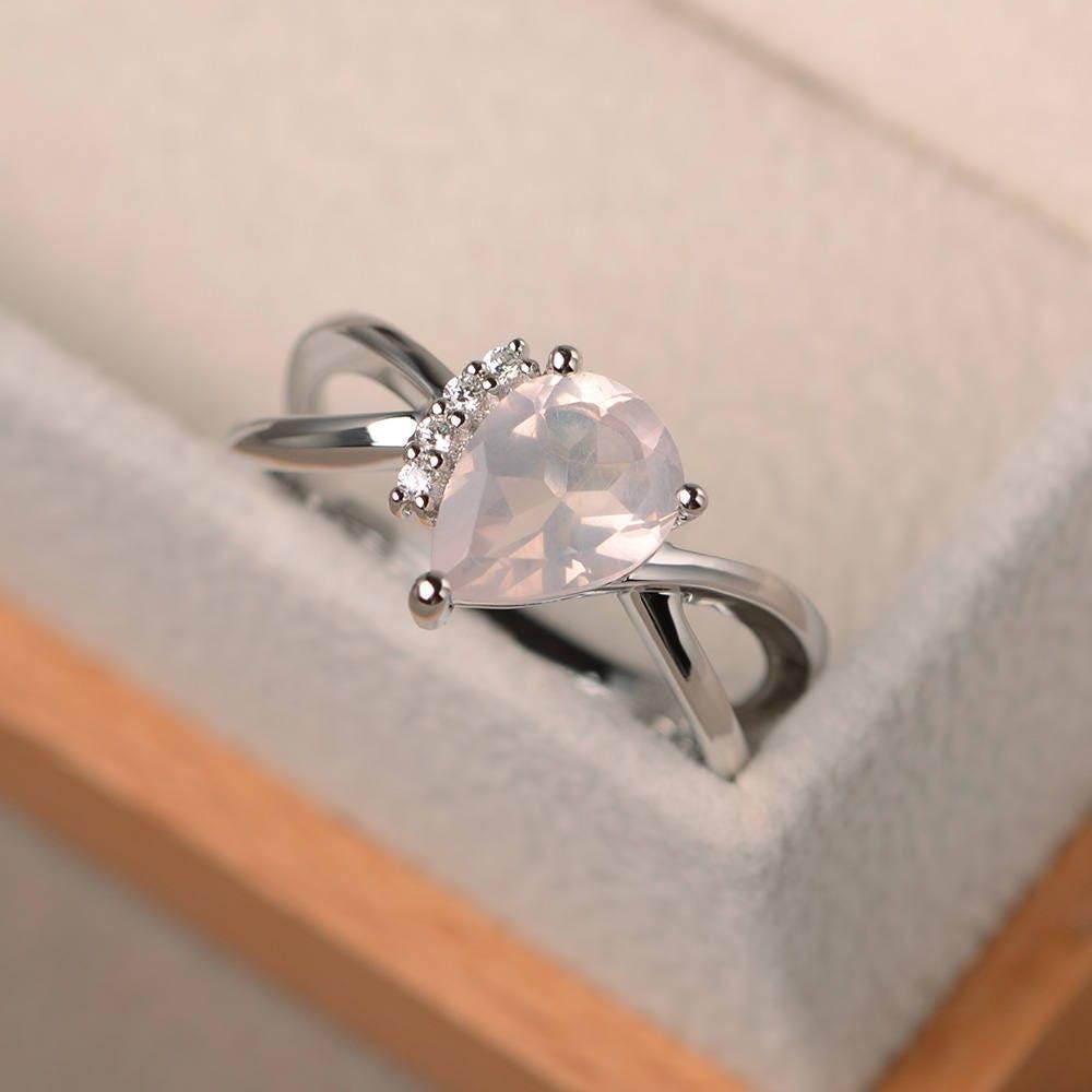 Rosaquarz Ring, Tropfenschliff, Sterling Silber, Rosa Edelstein, Verlobungsring Für Frauen von LuoJewelry