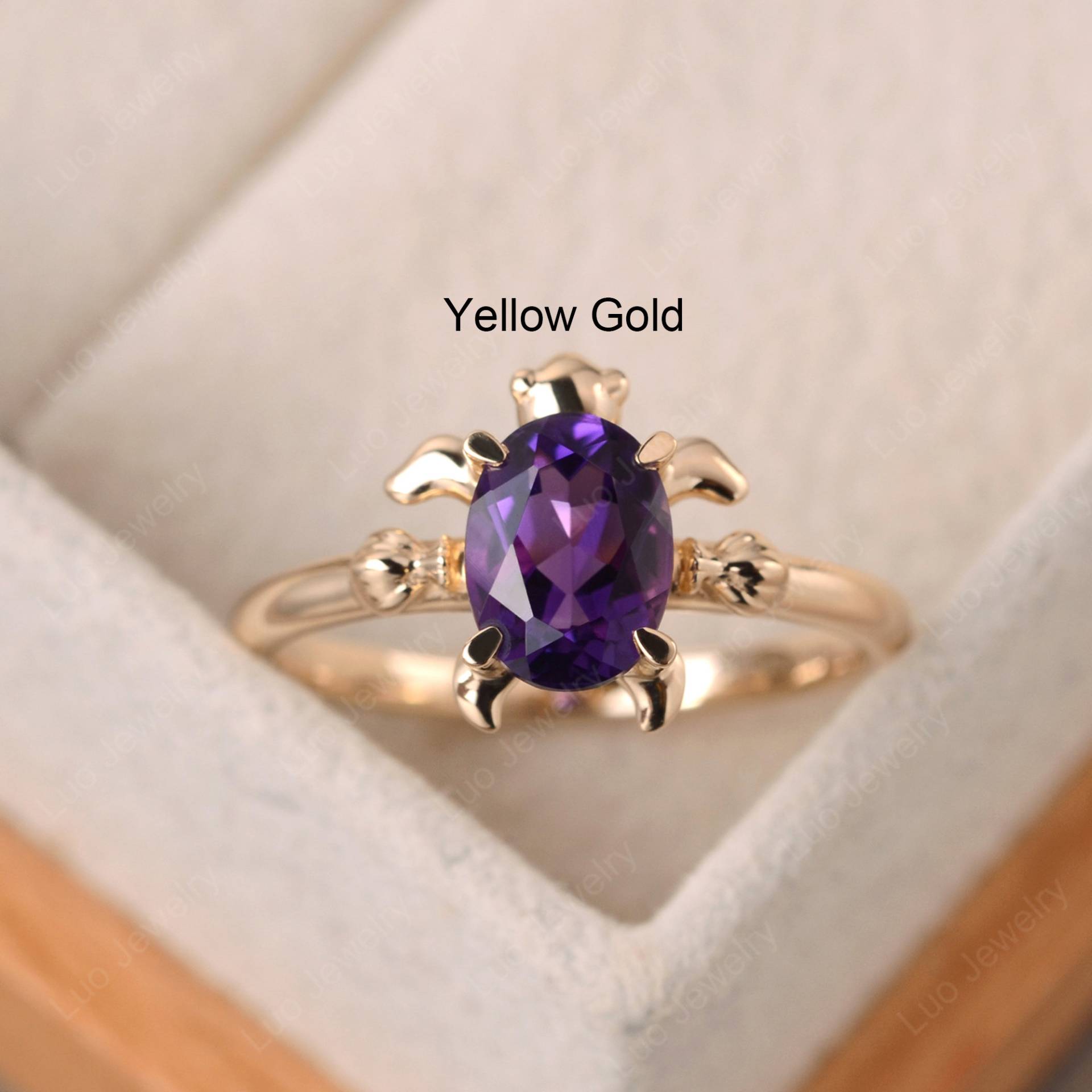 Schöner Schildkröte Ring, Natürlicher Amethyst Ehering, Februar Geburtsstein, Ovalschliff, 14K Gelbgold, Jahrestag Geschenke von LuoJewelry