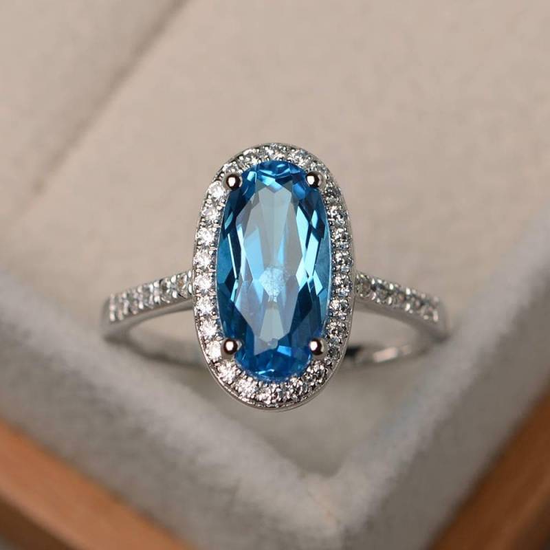 Schweizer Blautopasring, Ehering, Edelsteinring Mit Ovalschliff, Halo-Ring, Edelsteinring, Ring Aus Sterlingsilber von LuoJewelry