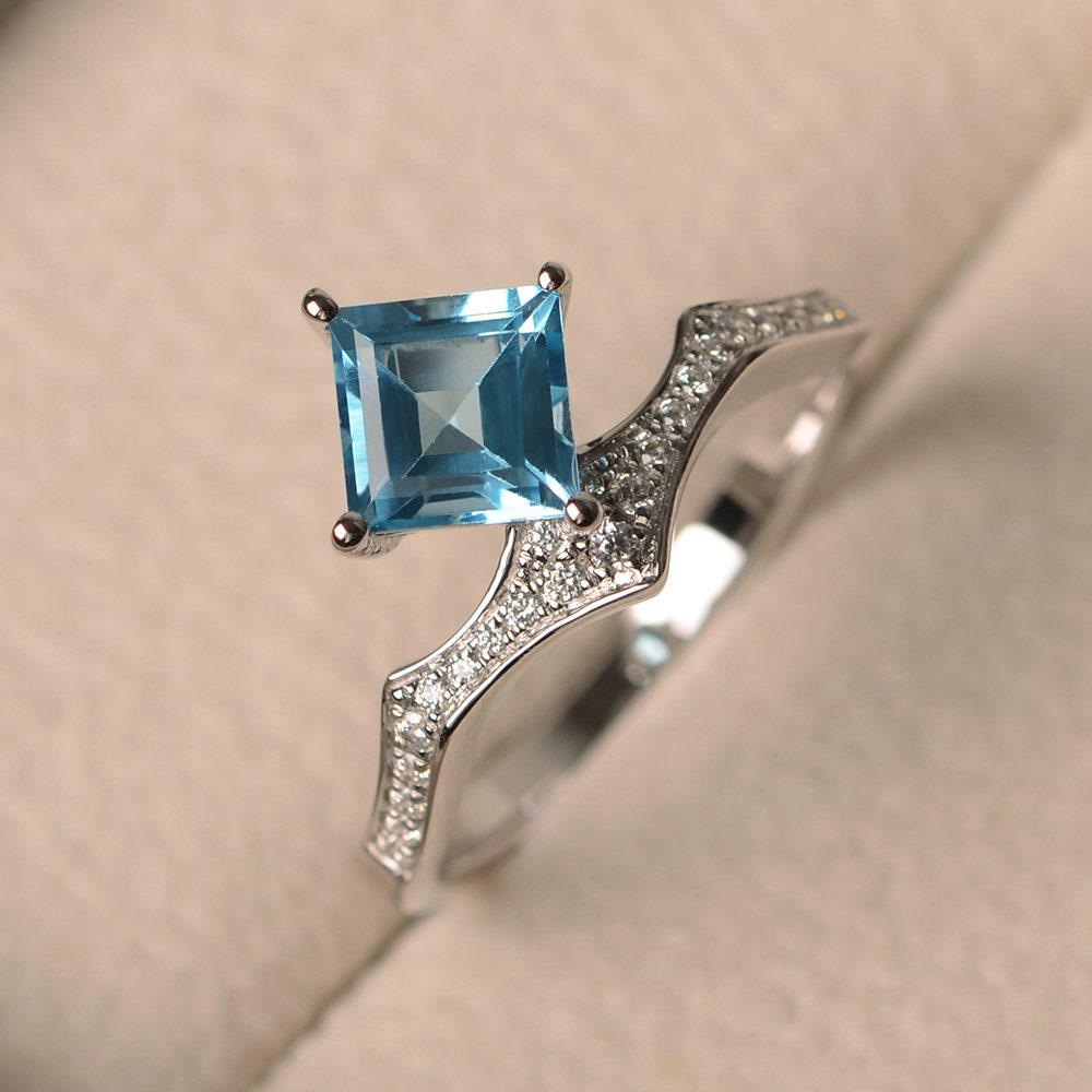 Schweizer Blautopasring, Princess Cut, Blaue Edelsteine, Silberringe, Verlobungsring von LuoJewelry