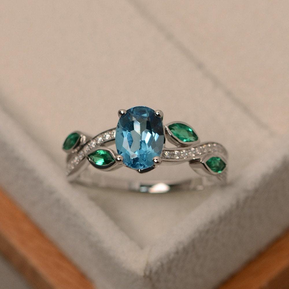 Schweizer Blautopasring, Sterlingsilber, Blauer Edelsteinring, Blattring, Multisteinring, Ovalschliff von LuoJewelry