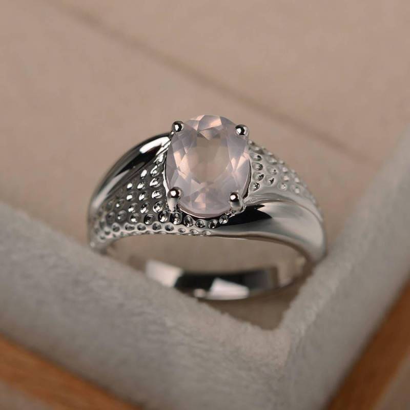 Solitärring, Cocktailring, Natürlicher Rosaquarzring, Quarz Im Ovalschliff, Edelsteinring Rosa, Ring Aus Sterlingsilber von LuoJewelry
