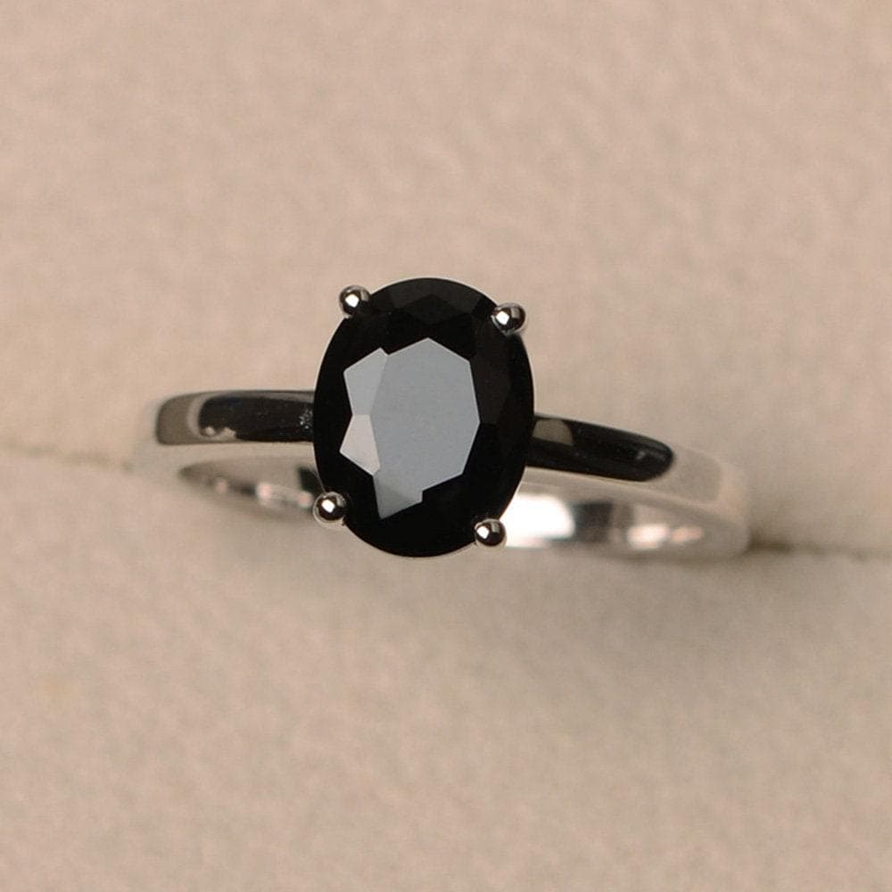 Solitärring, Natürlicher Schwarzer Spinellring, Edelsteinring Im Ovalschliff, Sterling Silberring, Brautring Für Frau von LuoJewelry