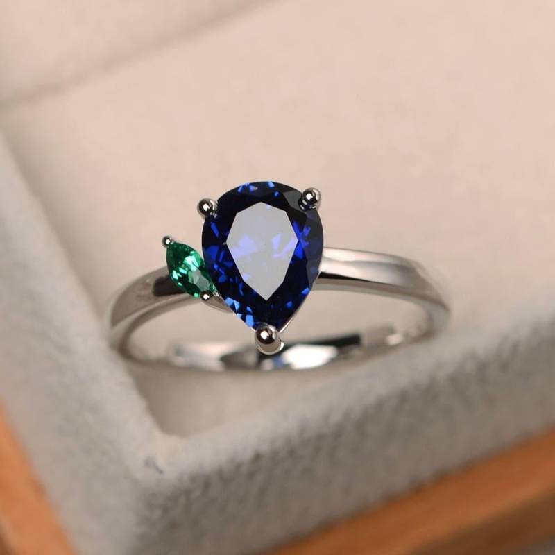Verlobungsring, Blauer Saphirring, September Geburtsstein, Edelstein Im Tropfenschliff, Edelstein, Sterling Silber Ring von LuoJewelry