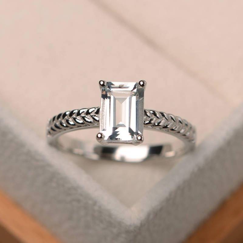 Verlobungsring, Natürlicher Weißer Topasring, Edelstein Im Smaragdschliff, Sterlingsilberring Verlobungsring, Natürlicher Weißer Topasring, Edelstein Im Smaragdschliff, Sterlingsilberring von LuoJewelry
