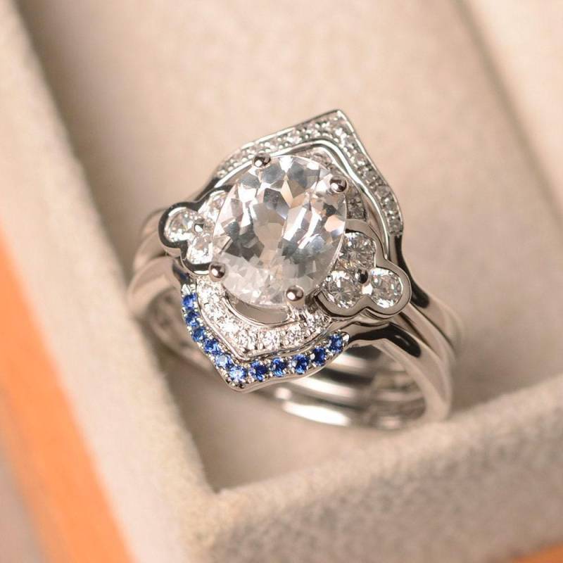 Weißer Topas Ring, Verlobungsring Set Aus Sterling Silber, Ovaler Schliff von LuoJewelry