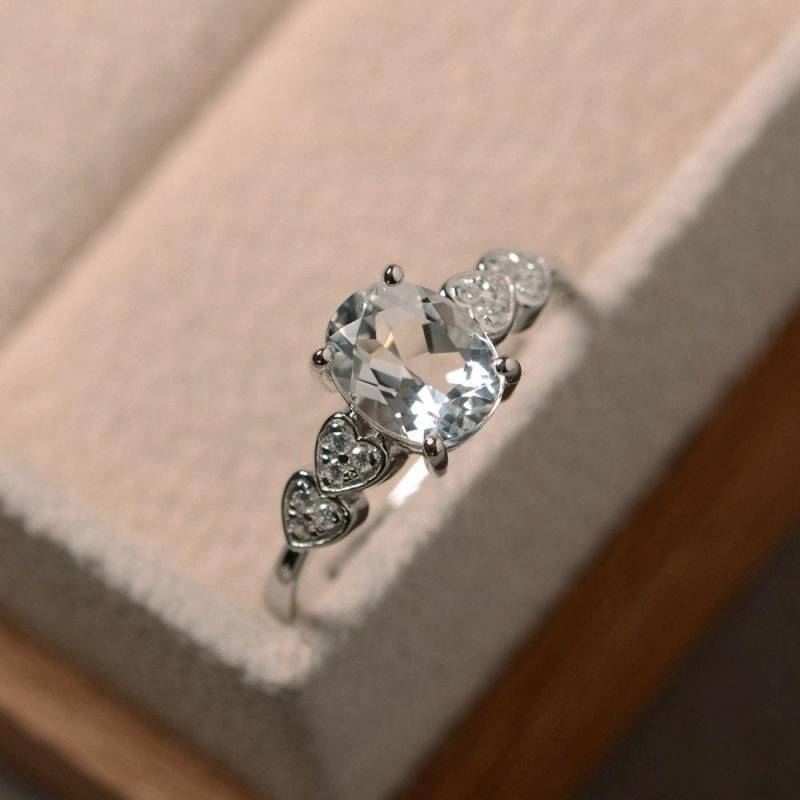 Weißer Topasring, Ovalschliff, Herz, Versprechensring von LuoJewelry