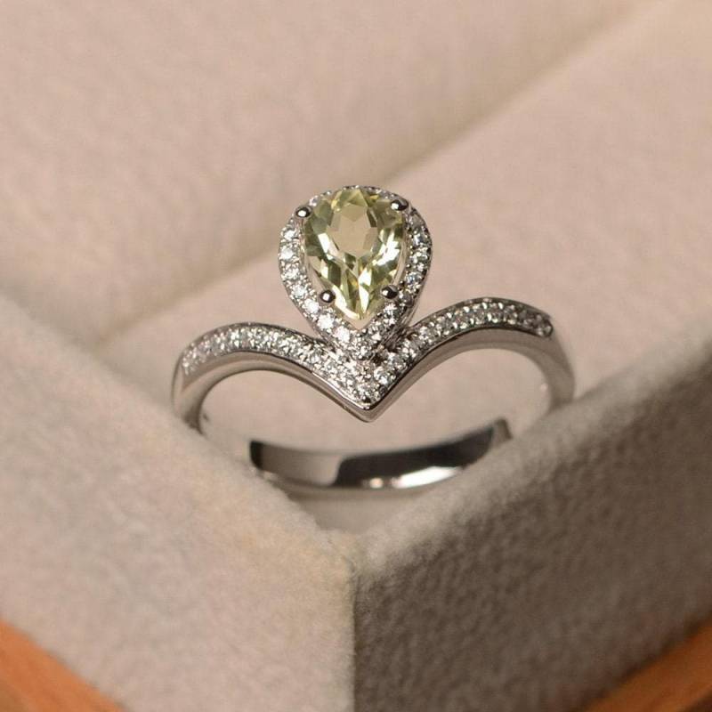 Zitronenquarzring, Haloring Im Tropfenschliff, Grüner Edelsteinring Für Verlobungsringe, Sterling Silber Ring Zitronenquarzring, Haloring Im Tropfenschliff, Grüner Edelsteinring Für Verlobungsringe, Sterling Silber Ring von LuoJewelry