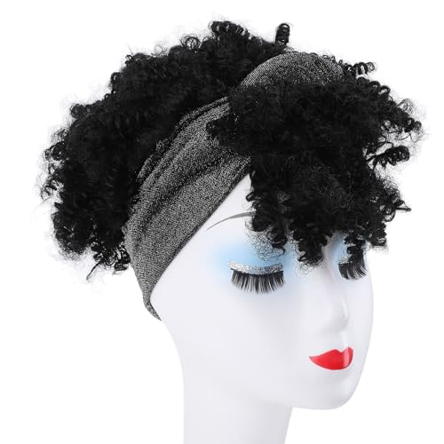 Lockige Graue Stirnband-Perücke für Schwarze Frauen mit Pony, Kurze Stirnband-Wickelperücke 2 in 1, Synthetische Afro-Kinky-Locken-schwarze Turban-Perücke mit Befestigtem Wickel von Luocute