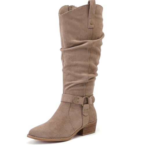 Luoika Damen Extra Breite Wade Kniehohe Stiefel Weite Slouchy Kniehohe Stiefel Niedriger gestapelter Absatz Winter Herbst Übergröße Stiefel, Beige 109, 8 X-Wide von Luoika
