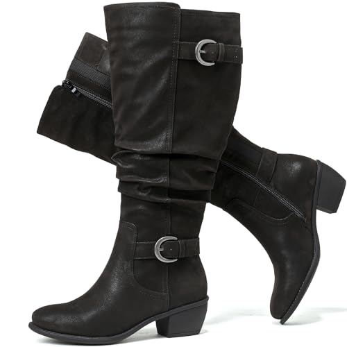 Luoika Damen Extra Breite Wade Kniehohe Stiefel Weite Slouchy Kniehohe Stiefel Niedriger gestapelter Absatz Winter Herbst Übergröße Stiefel, Schwarz 102, 10 X-Wide von Luoika