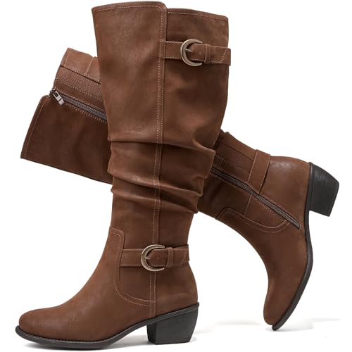 Luoika Damen Extra Breite Wade Kniehohe Stiefel Weite Slouchy Kniehohe Stiefel Niedriger gestapelter Absatz Winter Herbst Übergröße Stiefel, Tan 102, 9 X-Wide von Luoika