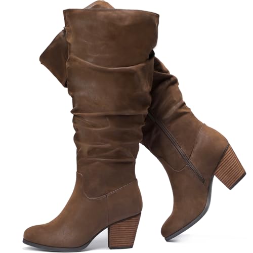 Luoika Damen Extra Breite Wade Kniehohe Stiefel Weite Übergröße Kniehohe Stiefel Niedriger gestapelter Absatz Winter Herbst Hohe Stiefel, Brownpu204, 7 X-Wide von Luoika