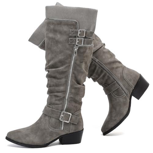 Luoika Damen Extra Breite Wade Kniehohe Stiefel Weite Übergröße Kniehohe Stiefel Niedriger gestapelter Absatz Winter Herbst Hohe Stiefel, Grau 1013, 7 X-Wide von Luoika