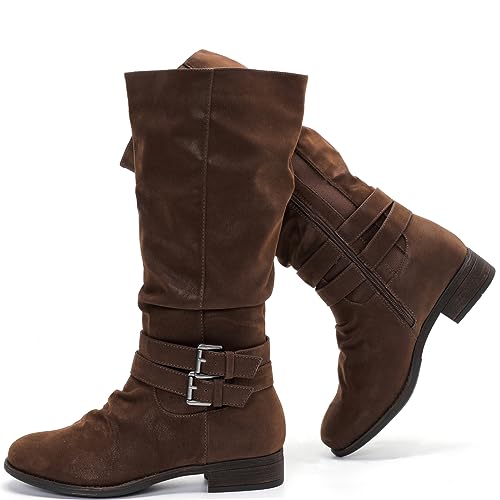 Luoika Damen Extra Wide Calf Cowboy Kniehohe Stiefel Weite Cowgirl Slouchy Boots Chunky Pump Heel Plus Size Western Boots, Braun 403, 39.5 EU von Luoika