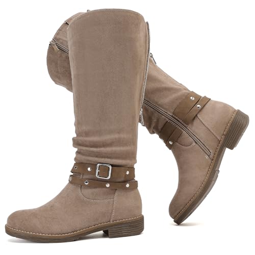 Luoika Damen Extra Wide Calf Knee High Boots Chunky Low Heel Plus Size Boots, Beige1030, 8.5 X-Wide von Luoika