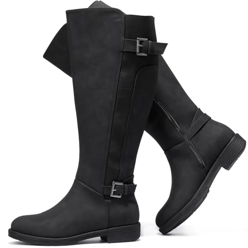 Luoika Damen Extra Wide Calf Knee High Boots Plus Size Wide Width Knee High Boots Winter Fall Low Heel Ridding Boots, Schwarz 106, 8 X-Wide von Luoika