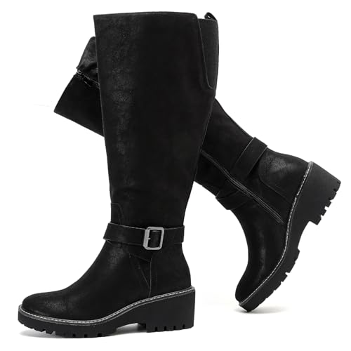 Luoika Damen Extra Wide Calf Knee High Boots Weite Slouchy Kniehohe Stiefel, Schwarz 1202, 7.5 X-Wide von Luoika