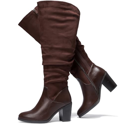 Luoika Damen Extra Wide Calf Knee High Boots Weite Slouchy Kniehohe Stiefel Chunky Pump Heel Plus Size Boots, Braun 209, 9.5 X-Wide von Luoika