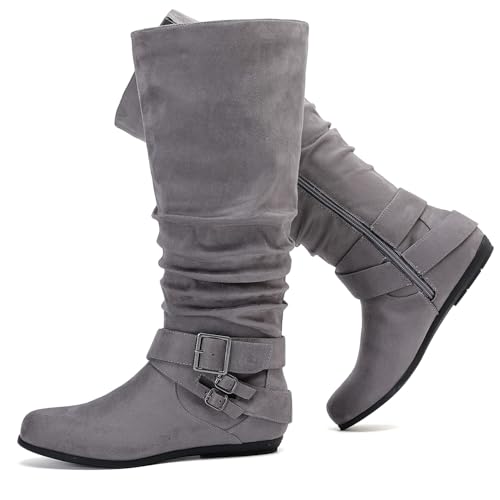 Luoika Damen Extra Wide Calf Knee High Slouchy Boots Weite Hohe Stiefel mit flachem Absatz Seitlicher Reißverschluss, Grau 1038, 7 X-Wide von Luoika