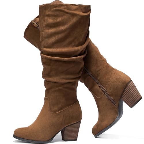 Luoika Damen Extra Wide Calf Slouchy Knee High Boots Wide Width Knee High Boots Low Stacked Heel Side Zipper Winter Fall Tall Boots, Brownmf204, 12 X-Wide von Luoika