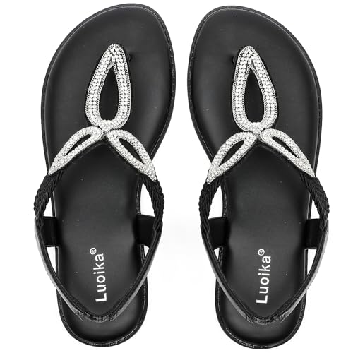 Luoika Damen breite breite flache Slides Sandalen Flip Flop Riemchen Strass Thong Sandalen Bequeme Sommer Strand Schuhe für Frauen, Schwarz 702, 10.5 X-Wide Luoika Damen breite breite flache Slides Sandalen Flip Flop Riemchen Strass Thong Sandalen Bequeme Sommer Strand Schuhe für Frauen, Schwarz 702, 10.5 X-Wide von Luoika
