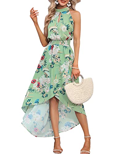 Bohémien Kleider Frauen Sommer Kleid Lange Ärmellos Drucken Blumen Kleidung Elegante Sexy Kleidung Frauen Sommer Lange Sommer Schlitz Hohe Lange Urlaub Strand Kleid, grün, M von Luojida