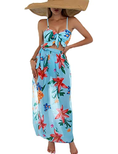 Damen-Badeanzug, 3-teilig, Blume, Strandkleid, Sommer, Rüschen-Bikini, gepolstert, Push-Up-Oberteil, Höschen mit hoher Taille und Bikini-Abdeckungen und Sarongs, Lacustre Blue, M von Luojida