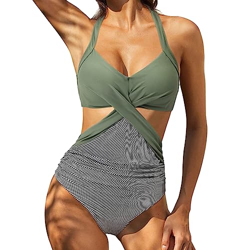 Luojida Bademode für Damen, figurbetonend, Bikini, Strand, Sommer, sexy V-Ausschnitt, Push-Up auf der Vorderseite, Slim Ruched mit Bauchkontrolle, Badeanzüge für Damen, kurvig, Gestreift, L von Luojida