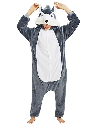 Luojida Pyjama, Damen, Kigurumi, Plüsch, Panda, warm und bequem, Fleece, Einteiler, weich, mit Kapuze, für Erwachsene, Cosplay, Anime, Unisex, Arktischer Wolf, Large von Luojida