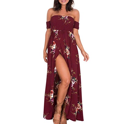 Sommerkleider Damen Lang Strand Abendkleid Schulterfrei Maxikleid Elegant Sexy Blumendruck (L, Rot) von Luojida