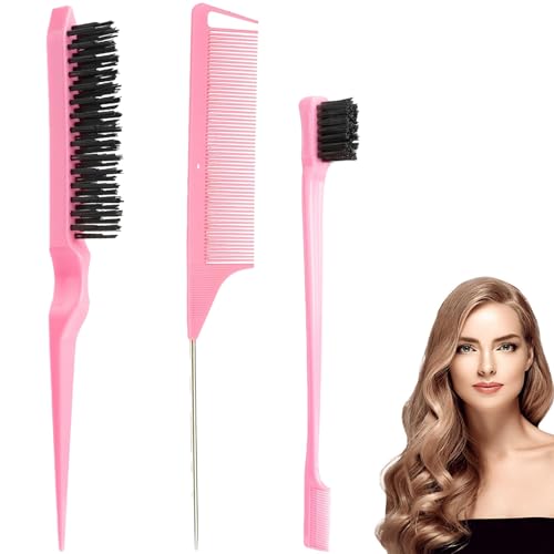 Luoqun88 Haarstyling-Kamm-Set, Rattenschwanzkamm, Teasing-Kamm-Set zum Haarzupfen, doppelseitige Teasing-Bürste für Männer und Frauen im Salon und zu Hause, 3-teilig, Rosa von Luoqun88