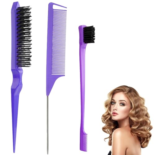 Luoqun88 Haarstyling-Kamm-Set, Rattenschwanzkamm, Teasing-Kamm-Set zum Haarzupfen, doppelseitige Teasing-Bürste für Männer und Frauen im Salon und zu Hause, 3-teilig (lila) von Luoqun88