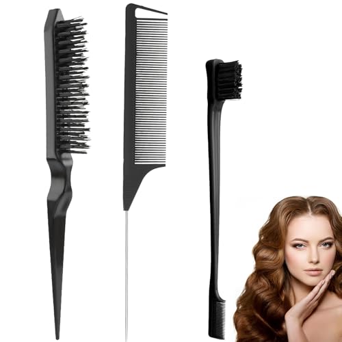 Luoqun88 Rückenkammbürste, 3-teilig, Rattenschwanzkamm, Haarstyling-Kamm-Set, Teasing-Kamm-Set zum Haarglätten, doppelseitige Teasing-Bürste für Männer und Frauen im Salon und zu Hause (schwarz) von Luoqun88