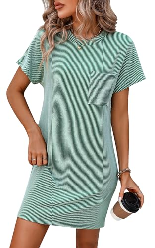 Luotelk Damen Freizeitkleid Kurzarm V-Ausschnitt Midi Kleid Rüschen Ärmel Elastische Taille A-Linie Sommerkleid mit Taschen(M) von Luotelk