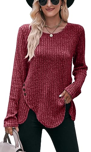 Luotelk Damen Langarmshirt Rundhalsausschnitt Strickpullover Einfarbig Oberteile Tunika Langarm Locker Casual Pullover(L) von Luotelk