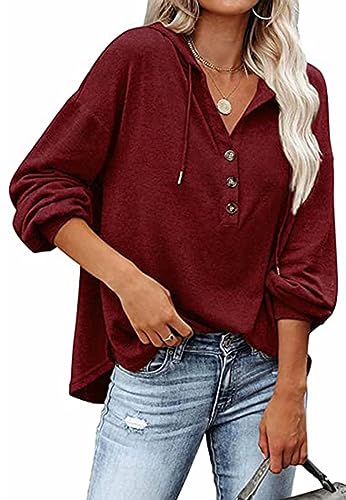 Luotelk Kapuzenpullover Damen Knopfleiste Leichter Pullover V Ausschnitt Casual Sweatshirt mit Kapuze Kordelzug Oberteil(L) von Luotelk