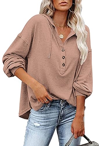 Luotelk Kapuzenpullover Damen Knopfleiste Leichter Pullover V Ausschnitt Casual Sweatshirt mit Kapuze Kordelzug Oberteil(M) von Luotelk